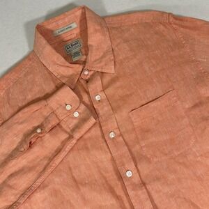 LL Bean‎ Shirt Mens Large Talk LT Orange Long Sleeve 100% Linen Button Up